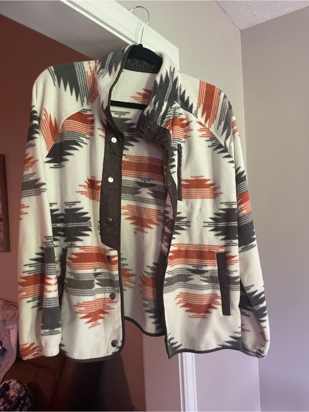 Southwest Pattern Fleece Snap Jacket - Cream, Rust & Gray